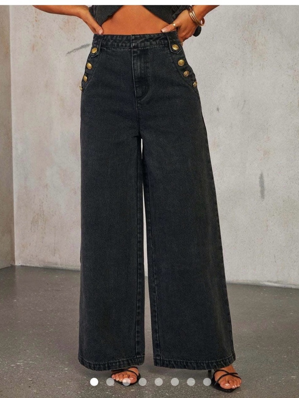 NWT Vestique Boutique Washed Black Denim Jeans Wide Leg with Gold Buttons Size S